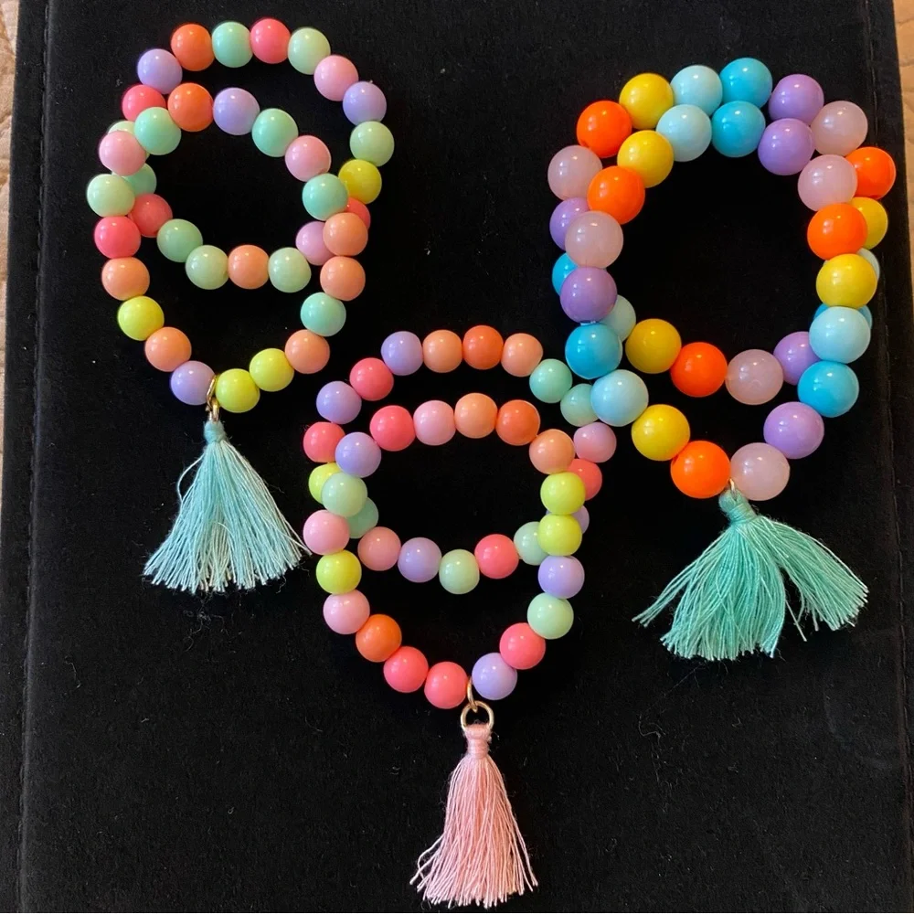 Set of 6 Colorful Beaded Tassel Bracelets & 1 Great Pretenders Heart Necklace